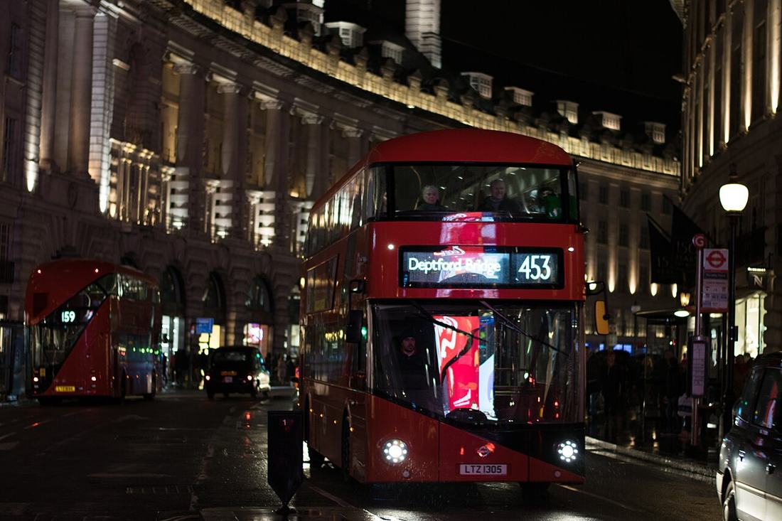 A red double-decker bus in London.